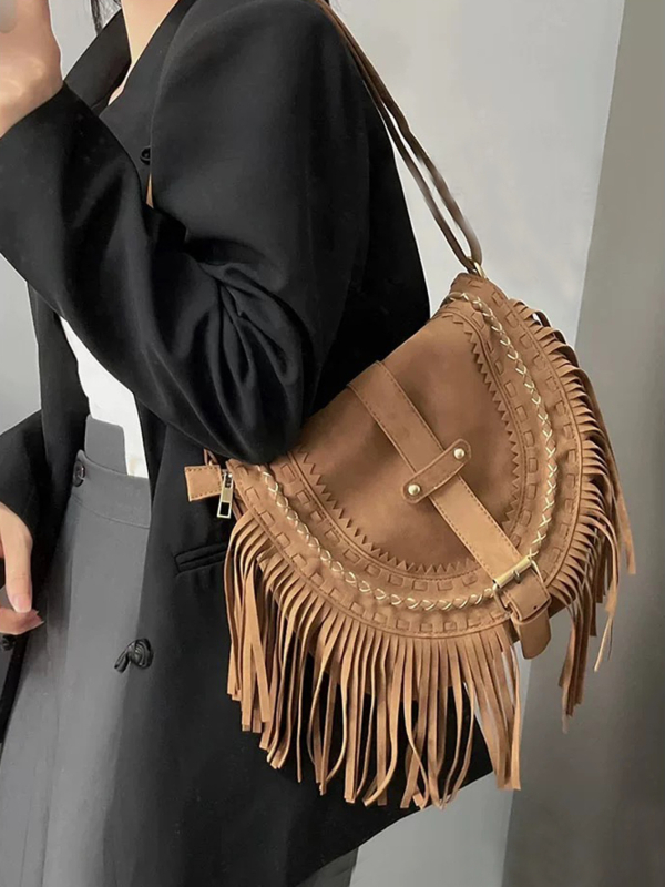 Ženska torba od umjetnog velura s resicama, retro sedlastog oblika, crossbody torba za ramena