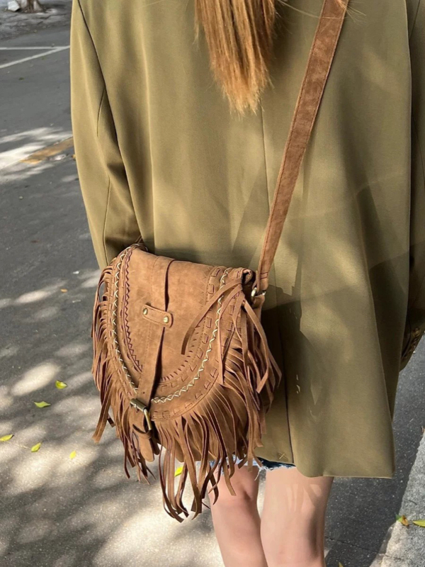 Ženska torba od umjetnog velura s resicama, retro sedlastog oblika, crossbody torba za ramena