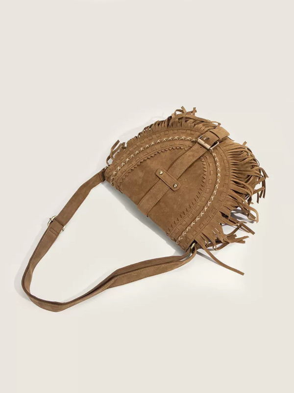 Ženska torba od umjetnog velura s resicama, retro sedlastog oblika, crossbody torba za ramena