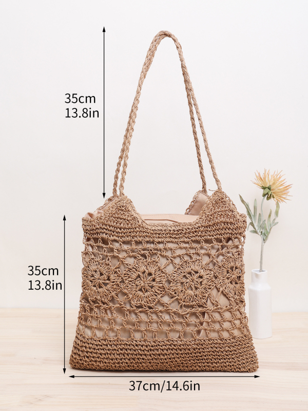 Pletena torba za plažu s motivom suncokreta, papirnat materijal, preko ramena, srednje veličine, džep za telefon