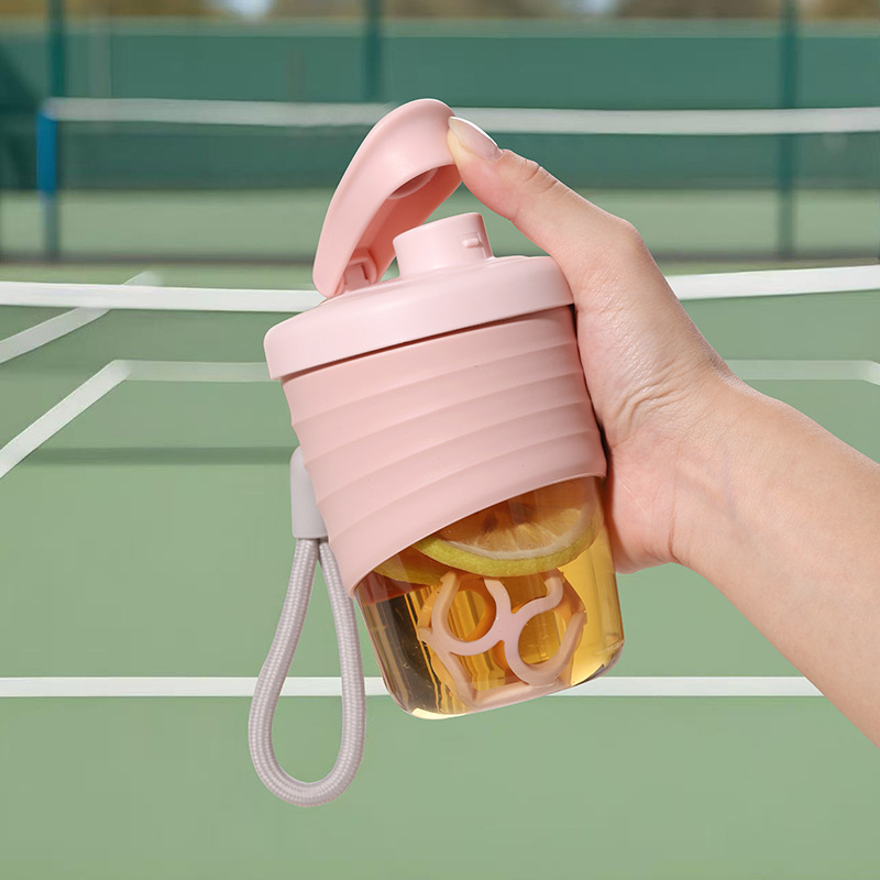 Shaker pentru fitness în aer liber, recipient portabil pentru proteine, milkshake, din plastic, etanș, cu mâner din sfoară