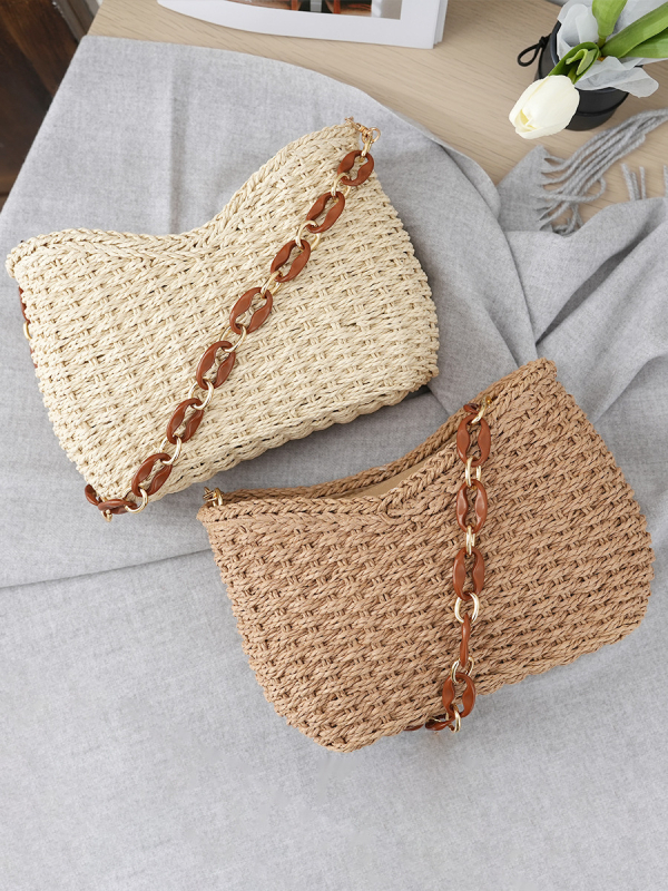 Ženska torba od slame u obliku ingota, pletena za plažu, s lancem – preko ramena ili crossbody – jednostavna i stilska
