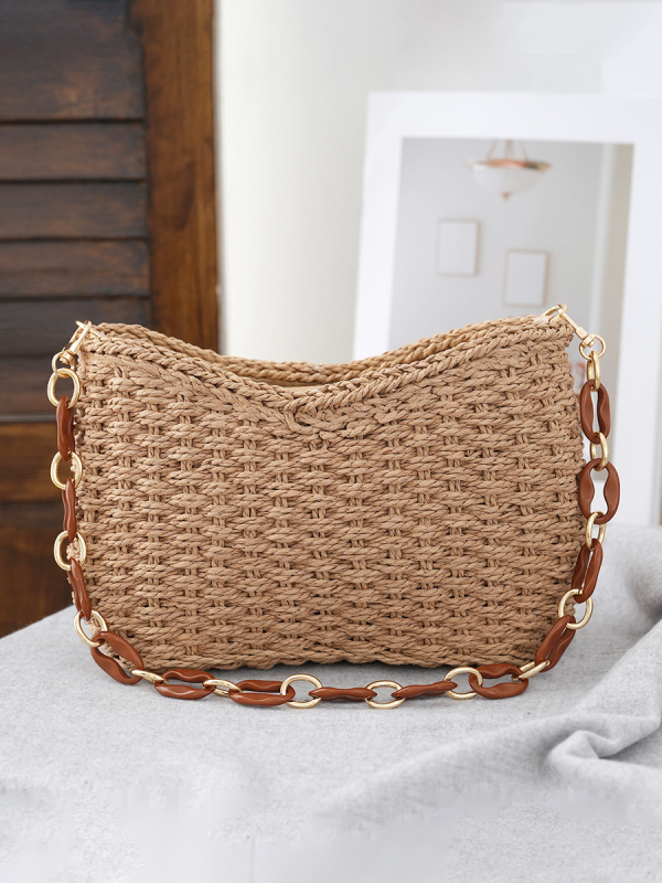 Ženska torba od slame u obliku ingota, pletena za plažu, s lancem – preko ramena ili crossbody – jednostavna i stilska