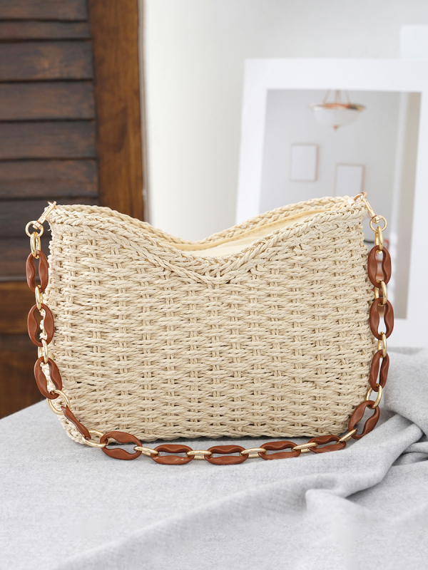 Ženska torba od slame u obliku ingota, pletena za plažu, s lancem – preko ramena ili crossbody – jednostavna i stilska