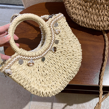 Niš dizajnerska torba od slame s motivom školjke, ženska torba za nošenje v ruci ili crossbody, ručno pletena, ljetna plažna torba