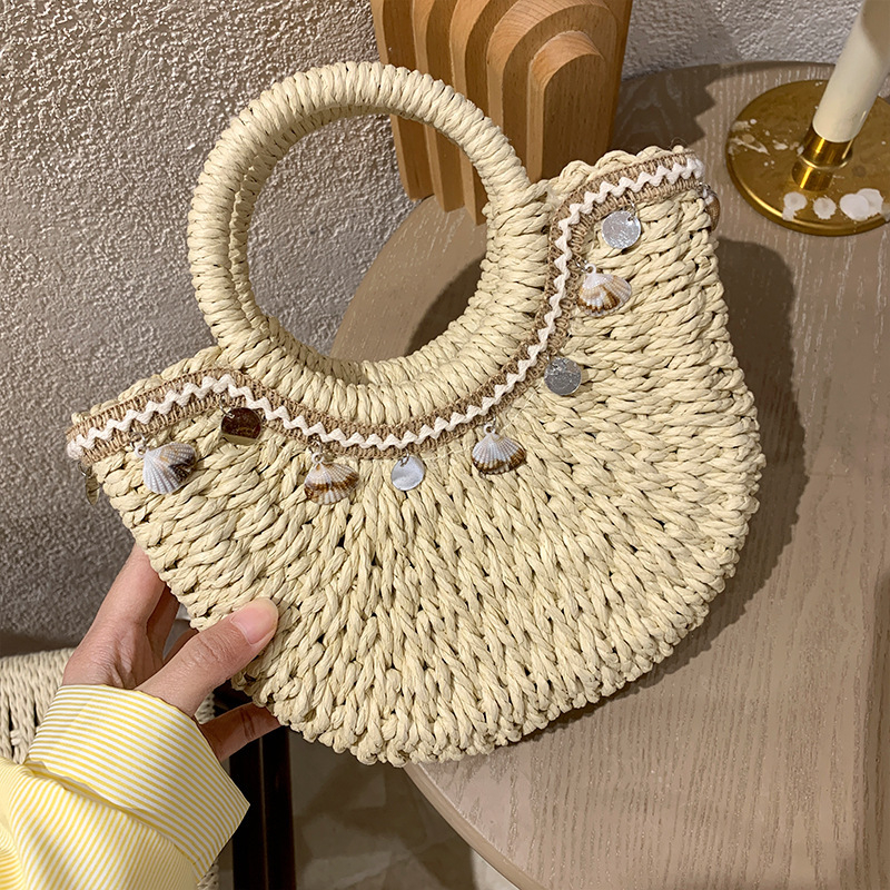Niš dizajnerska torba od slame s motivom školjke, ženska torba za nošenje v ruci ili crossbody, ručno pletena, ljetna plažna torba