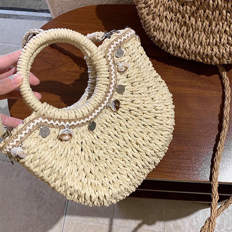 Niš dizajnerska torba od slame s motivom školjke, ženska torba za nošenje v ruci ili crossbody, ručno pletena, ljetna plažna torba