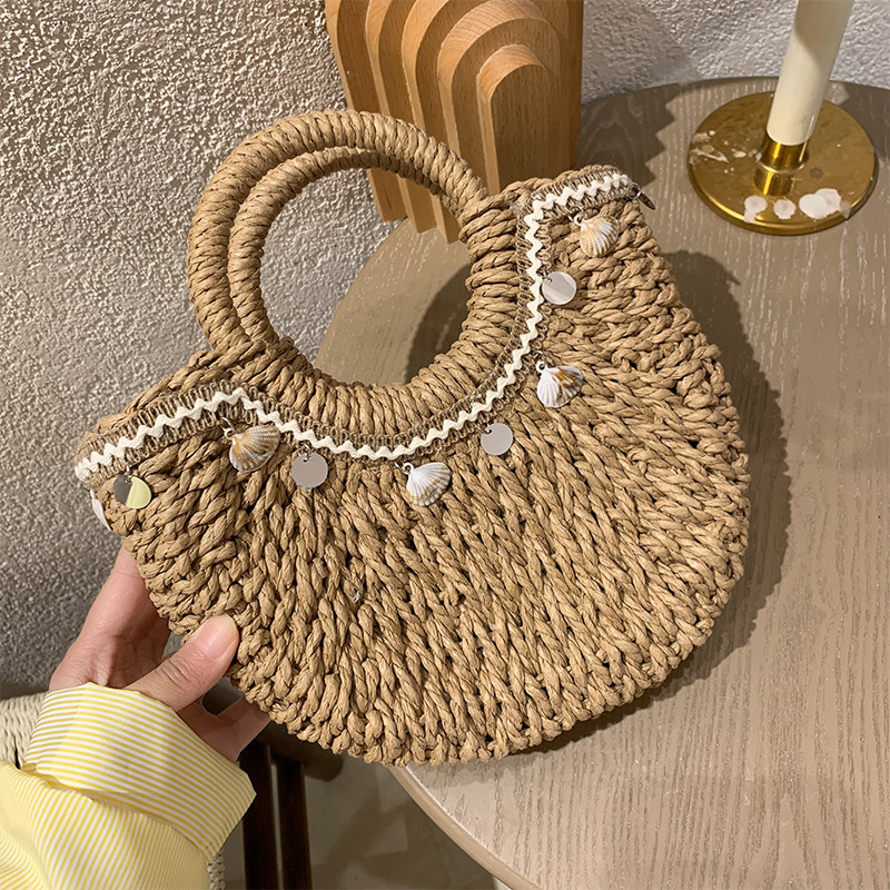 Niš dizajnerska torba od slame s motivom školjke, ženska torba za nošenje v ruci ili crossbody, ručno pletena, ljetna plažna torba
