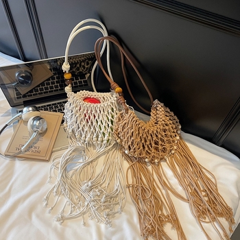 Ženska mala tkanina torbica s resicama, polukružnog oblika, bez podstave, s jednom ručkom za nošenje na ramenu ili crossbody, pretinac za telefon, svakodnevna upotreba, ljeto 2025.