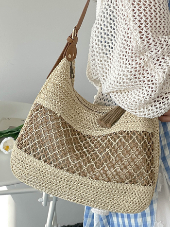 Torbica tote od slame s izrezima, velika kapacitet, casual plažna torba preko ramena, pletena moderna ženska torba