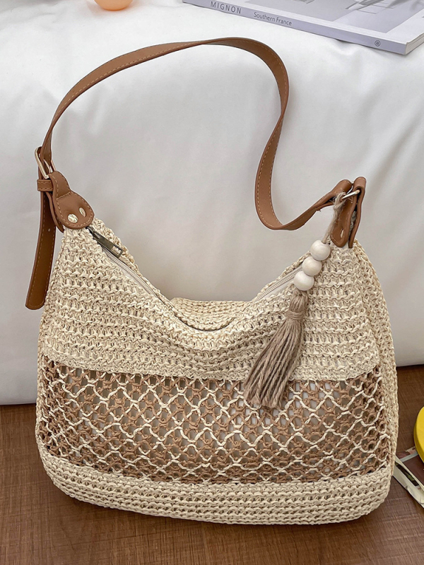 Torbica tote od slame s izrezima, velika kapacitet, casual plažna torba preko ramena, pletena moderna ženska torba