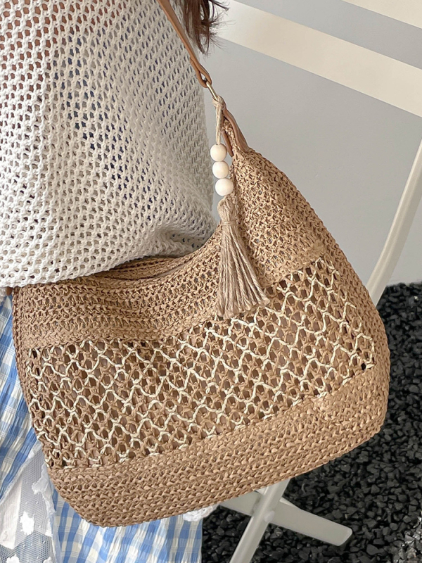 Torbica tote od slame s izrezima, velika kapacitet, casual plažna torba preko ramena, pletena moderna ženska torba