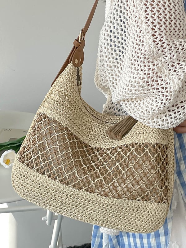 Torbica tote od slame s izrezima, velika kapacitet, casual plažna torba preko ramena, pletena moderna ženska torba
