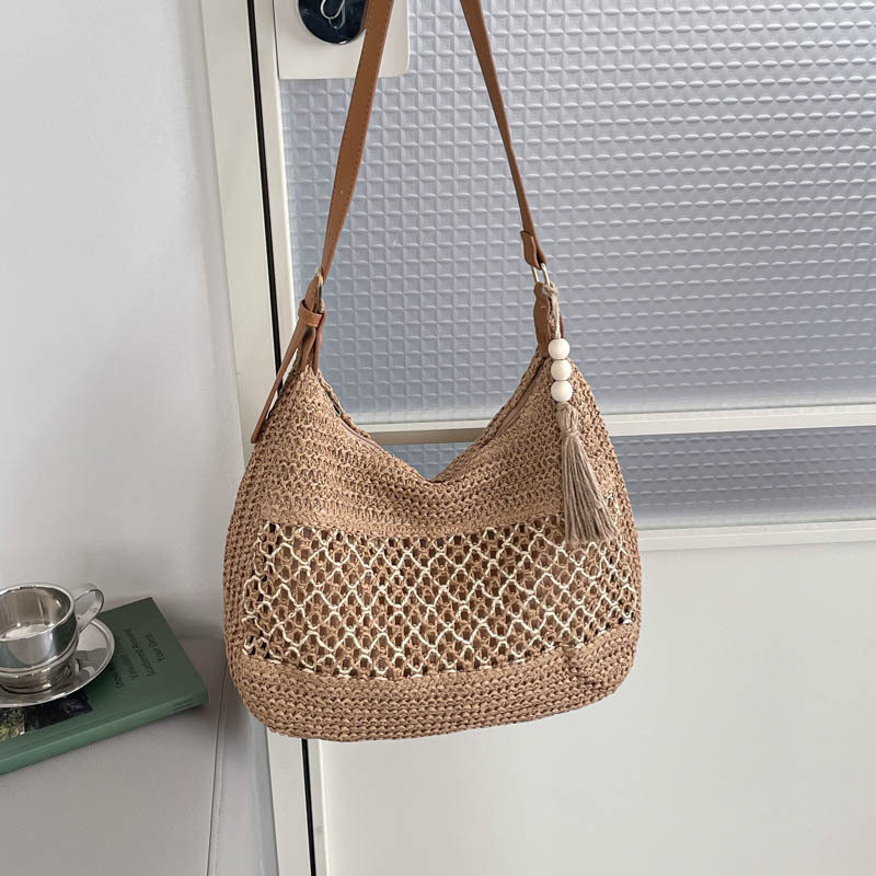 Torbica tote od slame s izrezima, velika kapacitet, casual plažna torba preko ramena, pletena moderna ženska torba