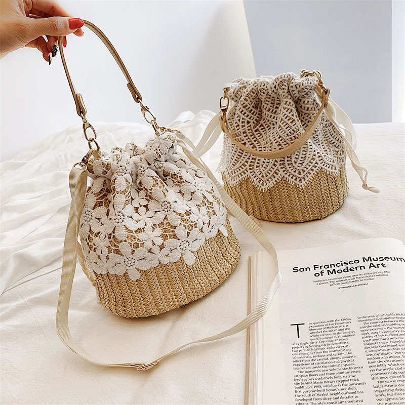 Ženska mala slamena torba s čipkastim pletenjem, bucket bag, preko ramena, korejskog stila