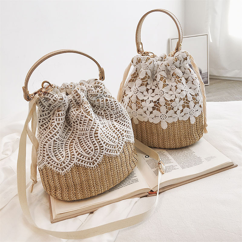 Ženska mala slamena torba s čipkastim pletenjem, bucket bag, preko ramena, korejskog stila