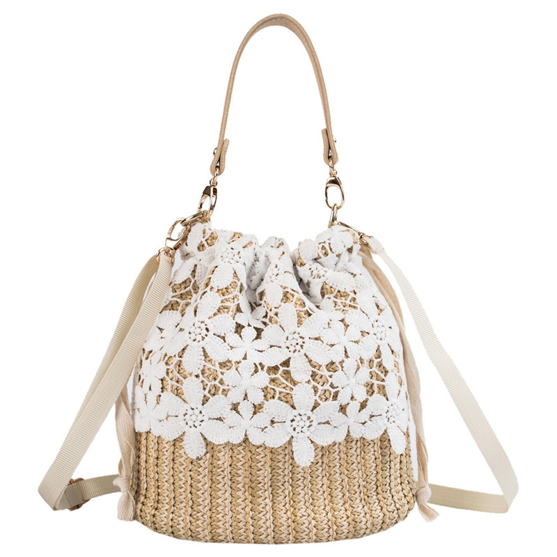Ženska mala slamena torba s čipkastim pletenjem, bucket bag, preko ramena, korejskog stila