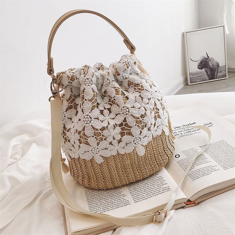 Ženska mala slamena torba s čipkastim pletenjem, bucket bag, preko ramena, korejskog stila
