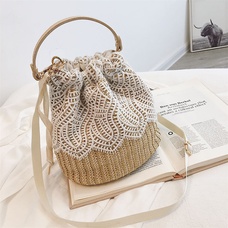 Ženska mala slamena torba s čipkastim pletenjem, bucket bag, preko ramena, korejskog stila