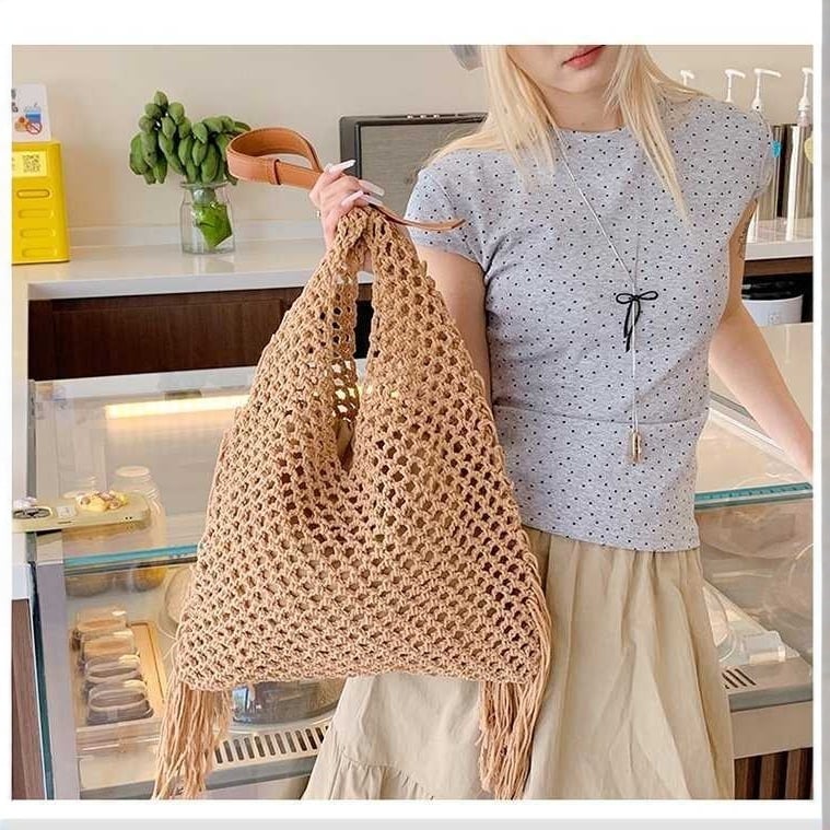 Ženska tote torba, ručno pletena, plažna torba s retro resicama, prorezan dizajn, svakodnevna torba za nošenje preko ramena