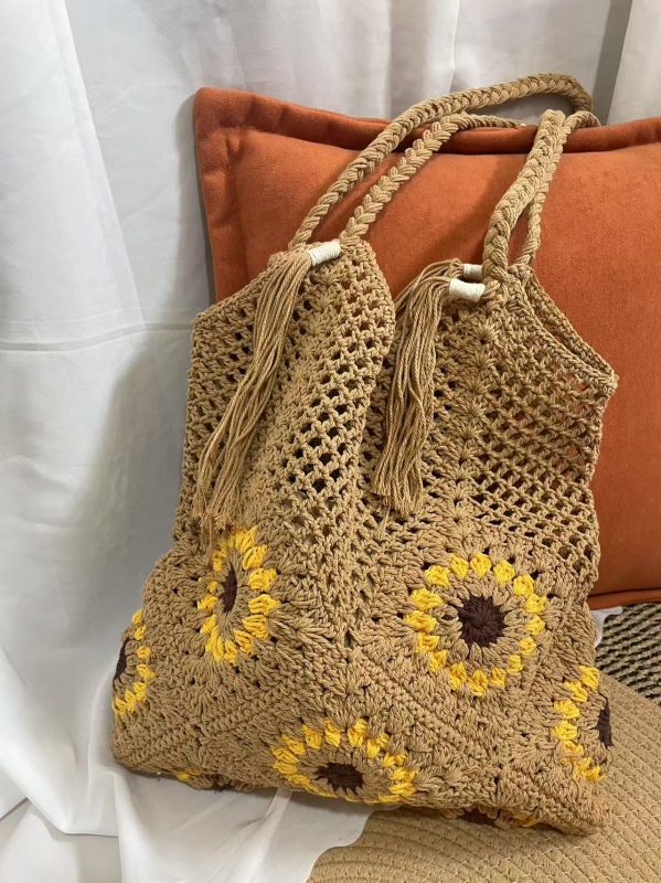Ženska pletena pamuk tote torba, velika kapaciteta, otvoreni dizajn, preko ramena, za plažu i odmor