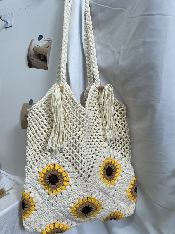 Ženska pletena pamuk tote torba, velika kapaciteta, otvoreni dizajn, preko ramena, za plažu i odmor