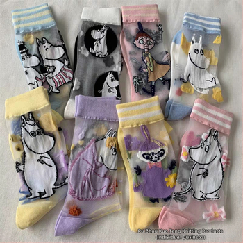 Japán stílusú tavasz–nyár női zokni, Moomin Ami motívummal, kristály selyem, középméretű hossz, aszimmetrikus cartoon mintával