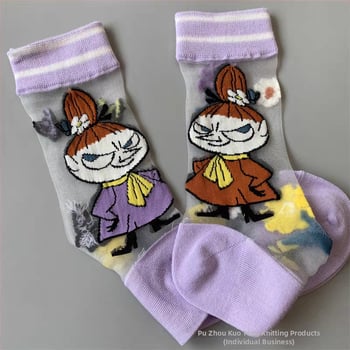 Japán stílusú tavasz–nyár női zokni, Moomin Ami motívummal, kristály selyem, középméretű hossz, aszimmetrikus cartoon mintával