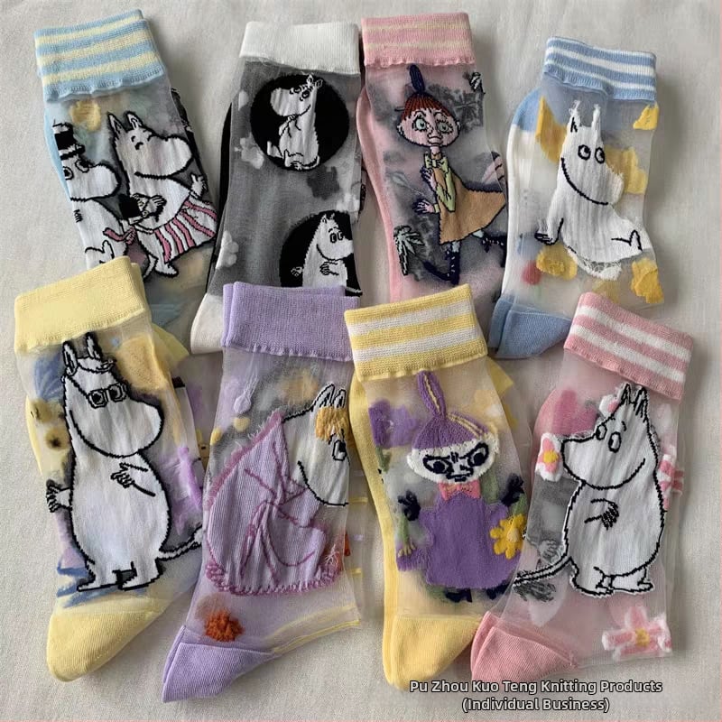 Japán stílusú tavasz–nyár női zokni, Moomin Ami motívummal, kristály selyem, középméretű hossz, aszimmetrikus cartoon mintával