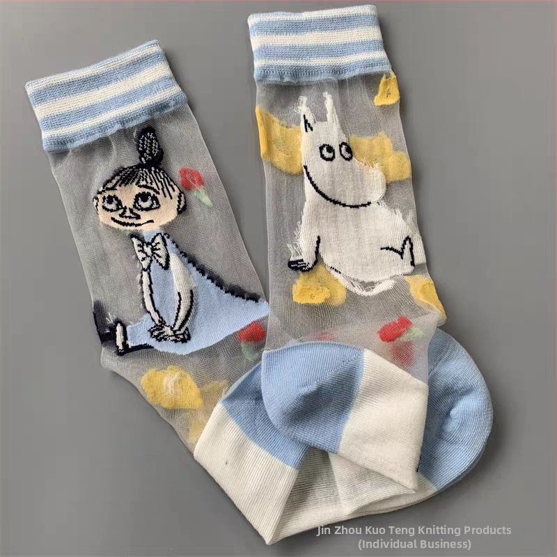 Japán stílusú tavasz–nyár női zokni, Moomin Ami motívummal, kristály selyem, középméretű hossz, aszimmetrikus cartoon mintával
