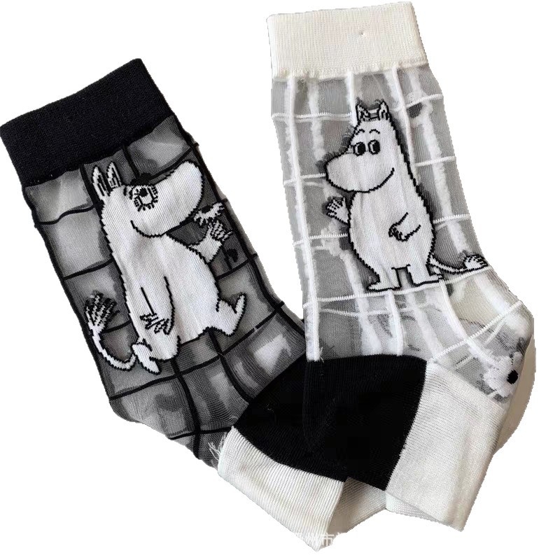 Japán stílusú tavasz–nyár női zokni, Moomin Ami motívummal, kristály selyem, középméretű hossz, aszimmetrikus cartoon mintával
