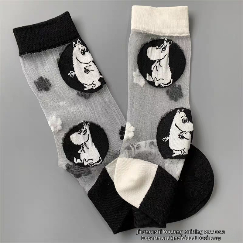 Japán stílusú tavasz–nyár női zokni, Moomin Ami motívummal, kristály selyem, középméretű hossz, aszimmetrikus cartoon mintával