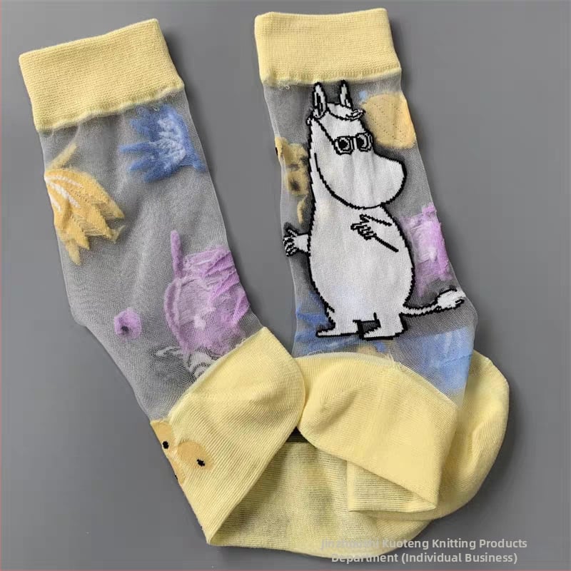 Japán stílusú tavasz–nyár női zokni, Moomin Ami motívummal, kristály selyem, középméretű hossz, aszimmetrikus cartoon mintával