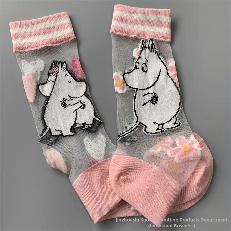 Japán stílusú tavasz–nyár női zokni, Moomin Ami motívummal, kristály selyem, középméretű hossz, aszimmetrikus cartoon mintával