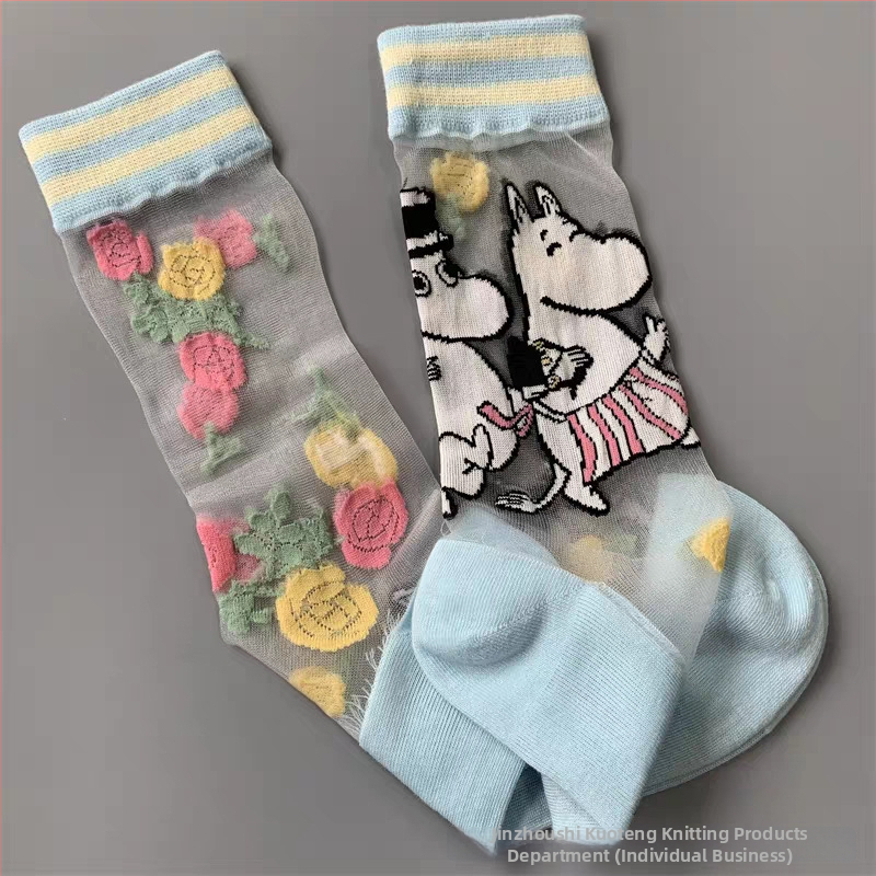 Japán stílusú tavasz–nyár női zokni, Moomin Ami motívummal, kristály selyem, középméretű hossz, aszimmetrikus cartoon mintával