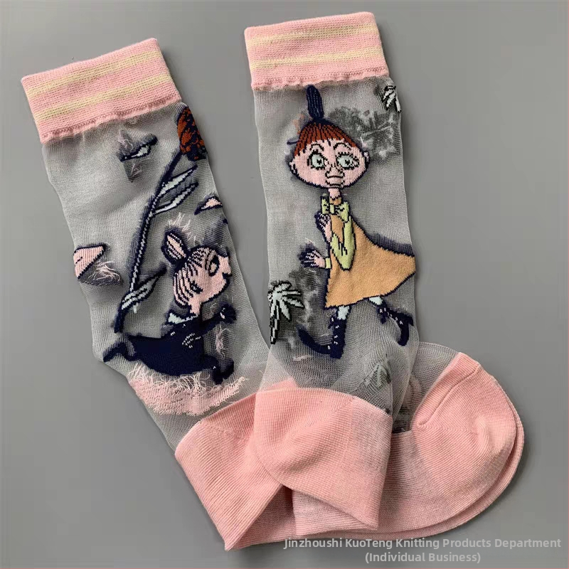 Japán stílusú tavasz–nyár női zokni, Moomin Ami motívummal, kristály selyem, középméretű hossz, aszimmetrikus cartoon mintával