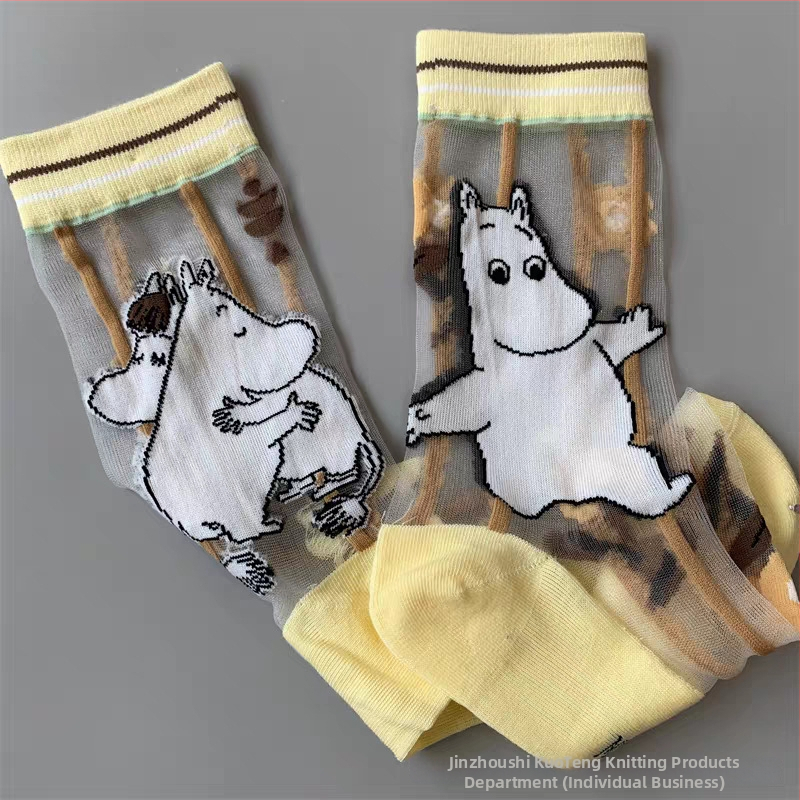 Japán stílusú tavasz–nyár női zokni, Moomin Ami motívummal, kristály selyem, középméretű hossz, aszimmetrikus cartoon mintával