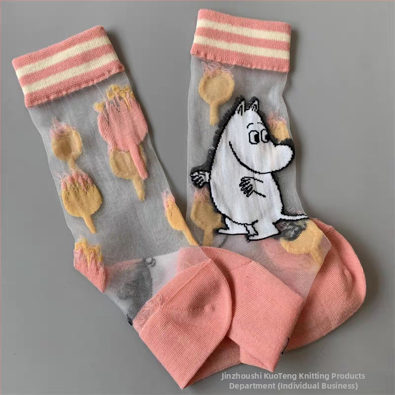 Japán stílusú tavasz–nyár női zokni, Moomin Ami motívummal, kristály selyem, középméretű hossz, aszimmetrikus cartoon mintával