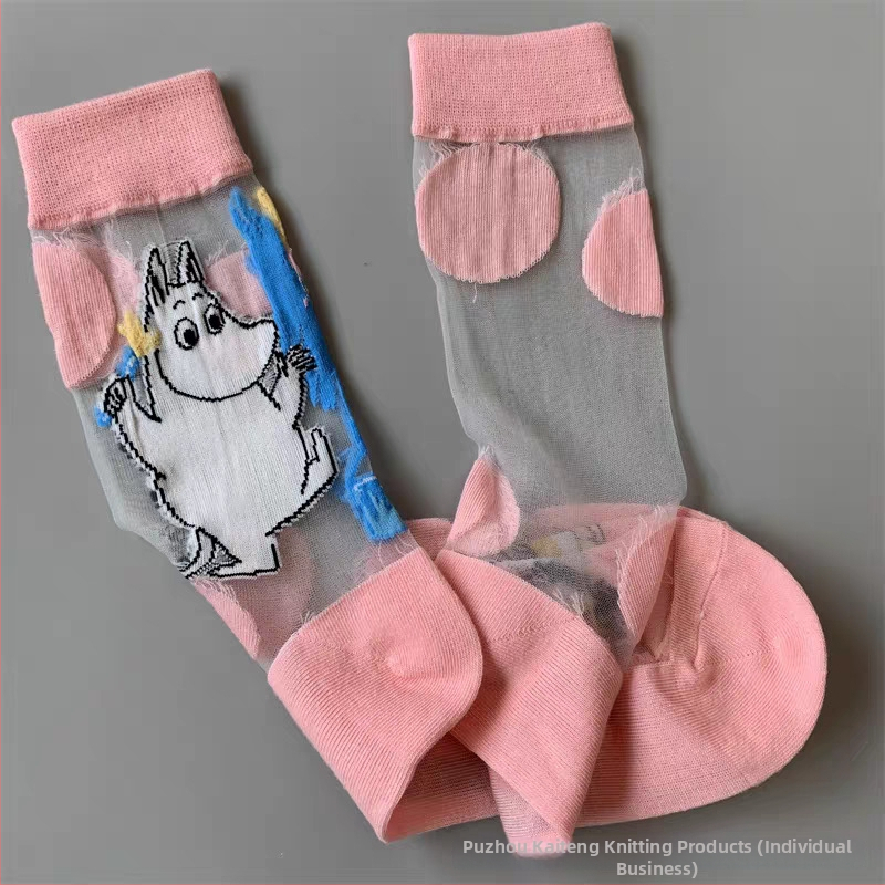 Japán stílusú tavasz–nyár női zokni, Moomin Ami motívummal, kristály selyem, középméretű hossz, aszimmetrikus cartoon mintával