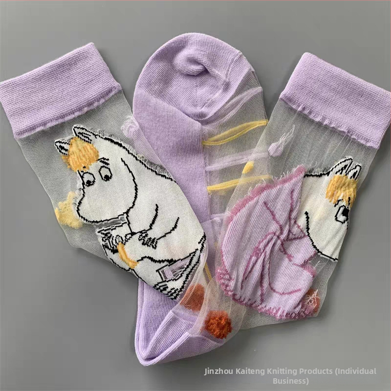 Japán stílusú tavasz–nyár női zokni, Moomin Ami motívummal, kristály selyem, középméretű hossz, aszimmetrikus cartoon mintával