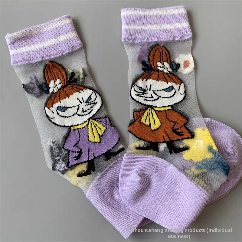 Japán stílusú tavasz–nyár női zokni, Moomin Ami motívummal, kristály selyem, középméretű hossz, aszimmetrikus cartoon mintával