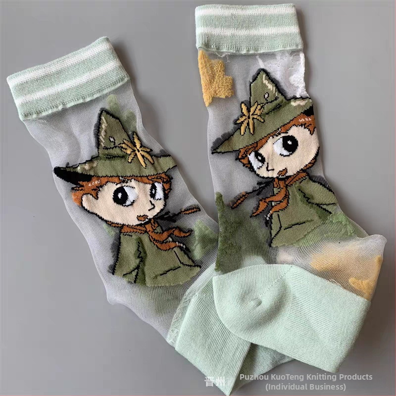 Japán stílusú tavasz–nyár női zokni, Moomin Ami motívummal, kristály selyem, középméretű hossz, aszimmetrikus cartoon mintával