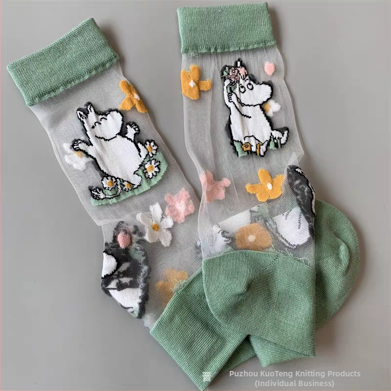 Japán stílusú tavasz–nyár női zokni, Moomin Ami motívummal, kristály selyem, középméretű hossz, aszimmetrikus cartoon mintával