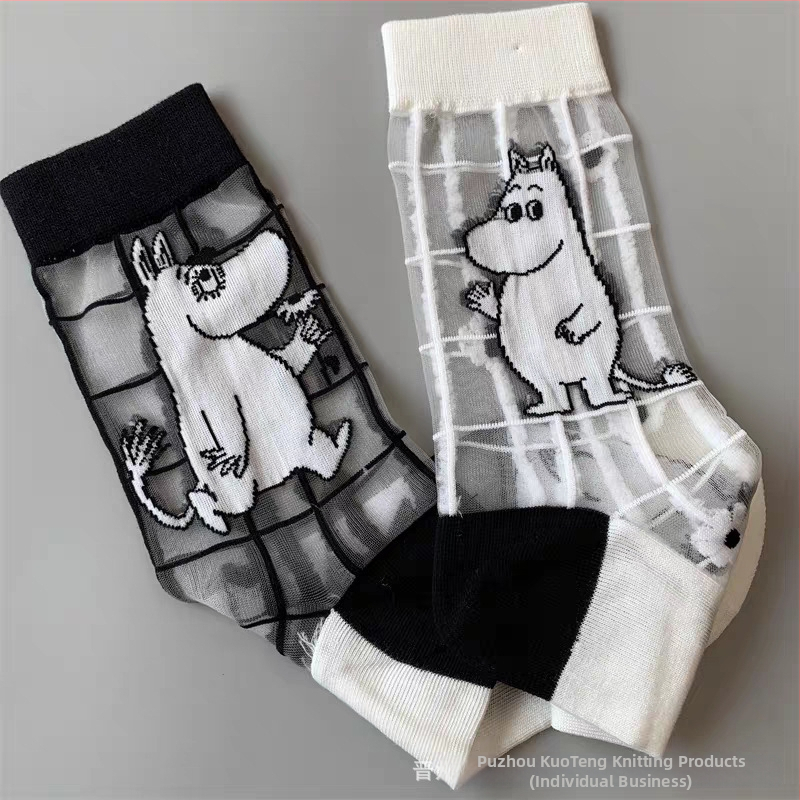 Japán stílusú tavasz–nyár női zokni, Moomin Ami motívummal, kristály selyem, középméretű hossz, aszimmetrikus cartoon mintával