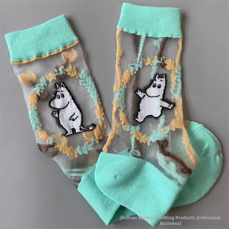 Japán stílusú tavasz–nyár női zokni, Moomin Ami motívummal, kristály selyem, középméretű hossz, aszimmetrikus cartoon mintával