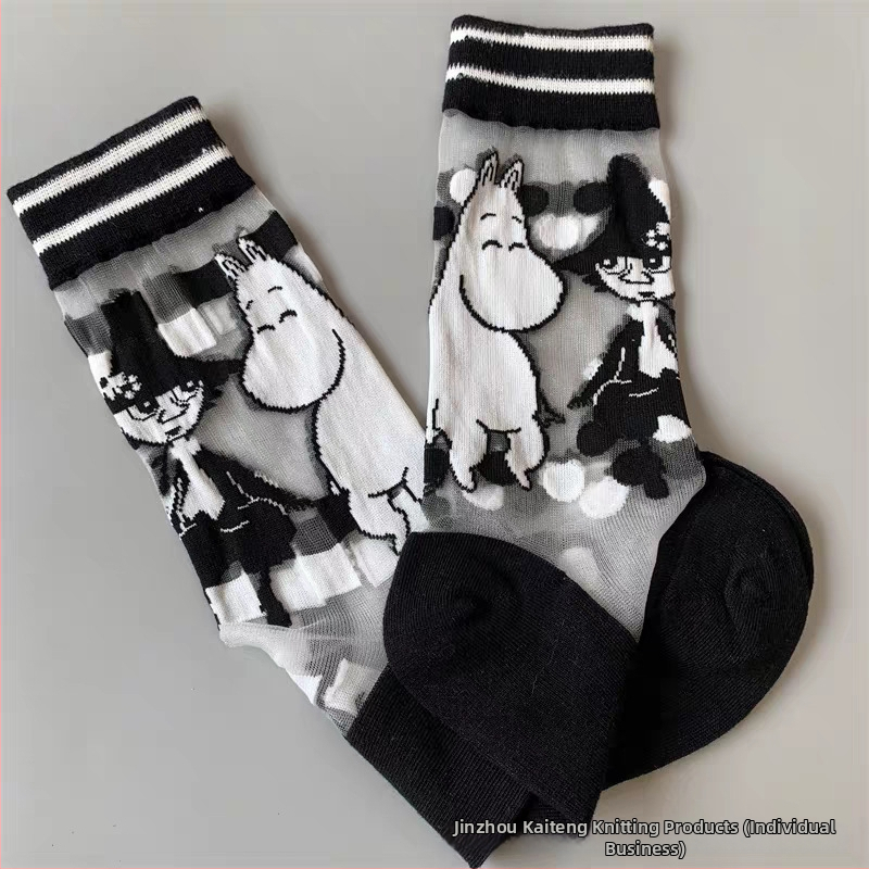 Japán stílusú tavasz–nyár női zokni, Moomin Ami motívummal, kristály selyem, középméretű hossz, aszimmetrikus cartoon mintával