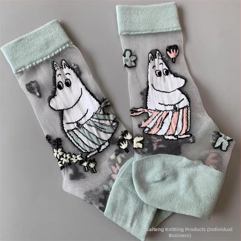 Japán stílusú tavasz–nyár női zokni, Moomin Ami motívummal, kristály selyem, középméretű hossz, aszimmetrikus cartoon mintával