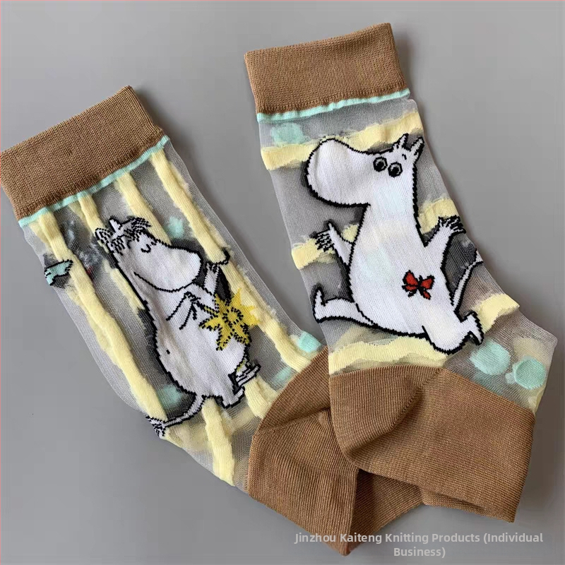 Japán stílusú tavasz–nyár női zokni, Moomin Ami motívummal, kristály selyem, középméretű hossz, aszimmetrikus cartoon mintával