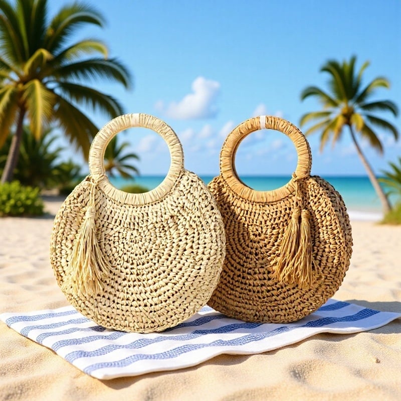 Okrugla pletena torbica od slame s resicama — ležerna plažna torbica za žene