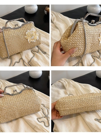 Mini pletena torbica od slame u kineskom stilu, ženska za rame ili crossbody, s lancem i zatvaračem, model 2025
